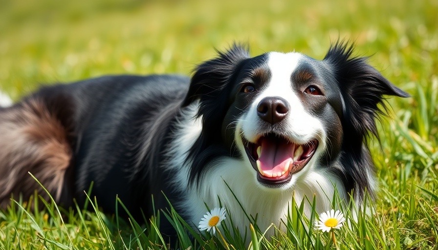 Nosy dog breed in grass, Border Collie resting outside.