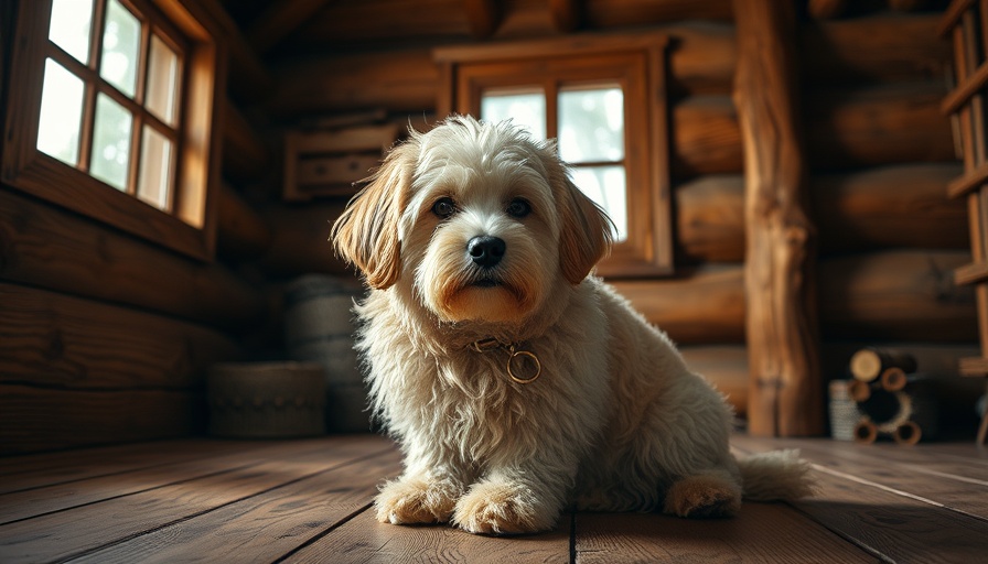 Long-haired dog relaxing in a rustic cabin, highlighting grooming needs.