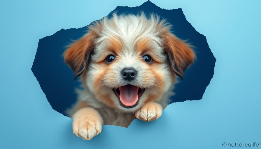 Adorable fluffy puppy peeking through blue background.