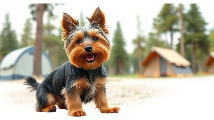 Playful Yorkshire Terrier at a camping site, perfect for outdoor adventures with dogs.