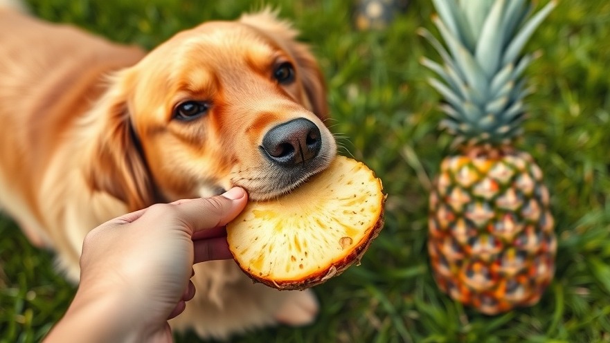 Golden retriever enjoys a pineapple slice, showcasing dog-friendly fruit for nutrition.