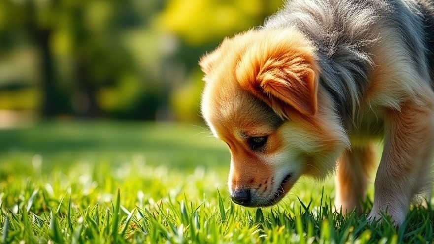 Curious dog sniffing grass in a sunny park, emphasizing dog health and well-being.