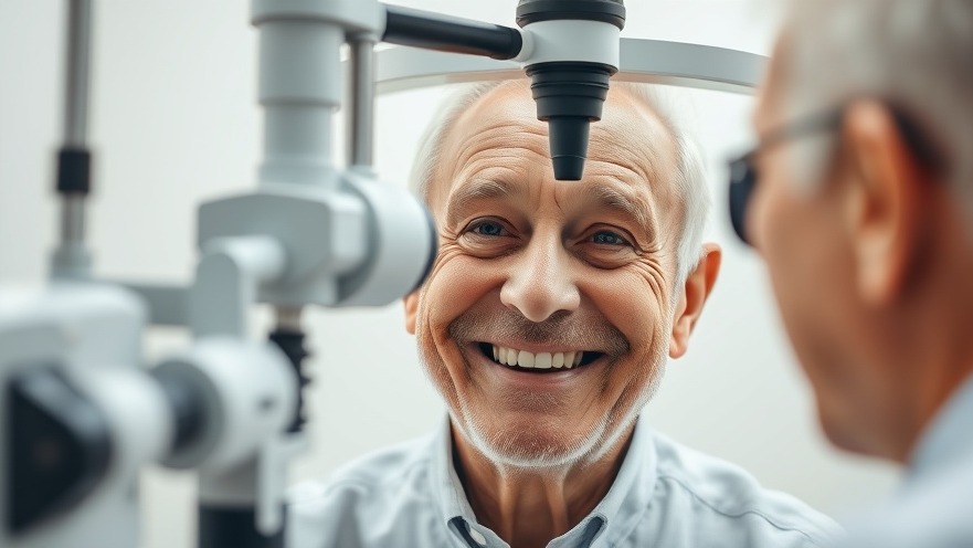 Elderly man smiling during glaucoma diagnosis in bright clinical setting.