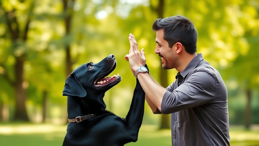 Black labrador giving a high five to a man, showcasing dog communication in a lush park.