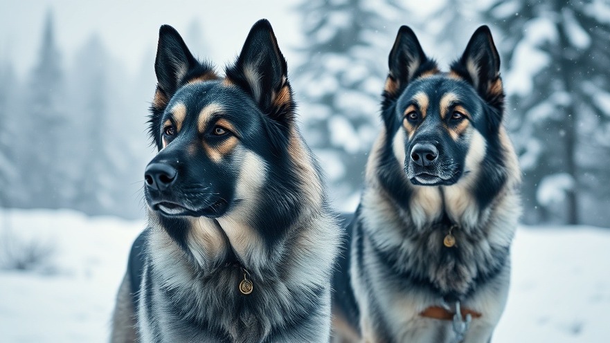 Photorealistic Norwegian Elkhounds in snowy landscape, showcasing loyal dog breeds.