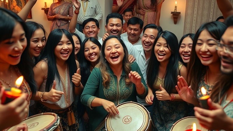 Joyful group dancing with drums, festive Google decorations.