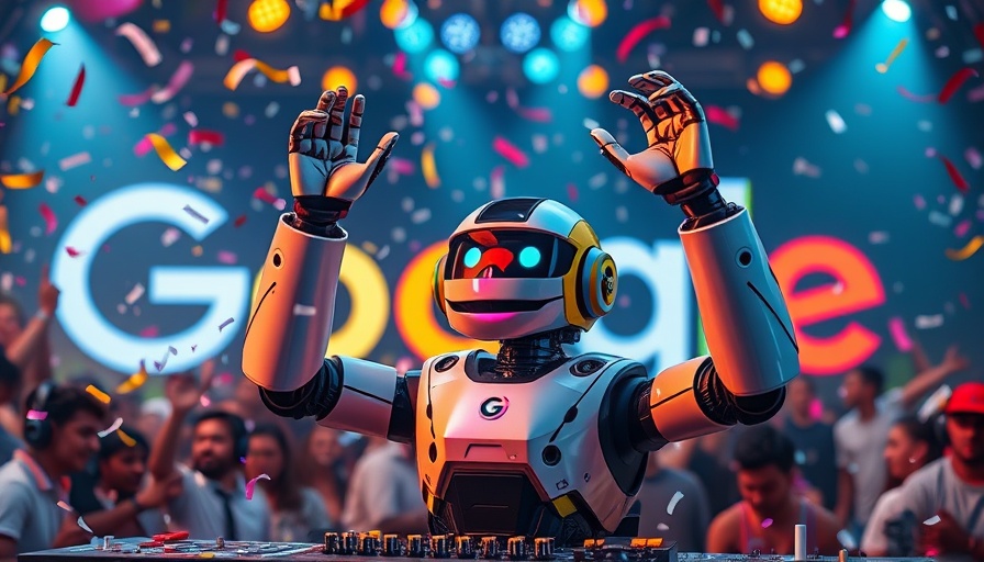 Vibrant robot DJ celebrating in front of Google logo