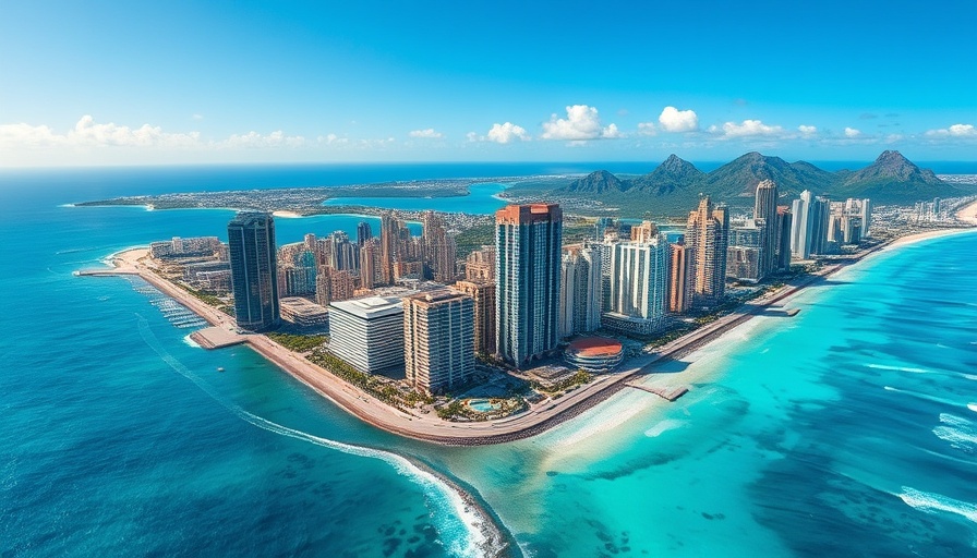 Vibrant view of Oahu luxury real estate market, coastline skyscrapers.