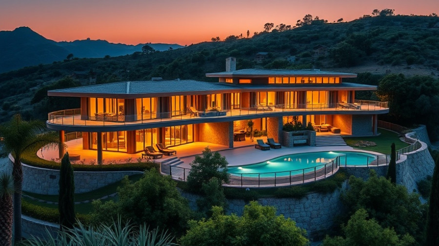 Okanagan Valley luxury mansion with pool and evening lights.