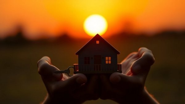Hands holding house model and key at sunset, luxury home prices increasing.