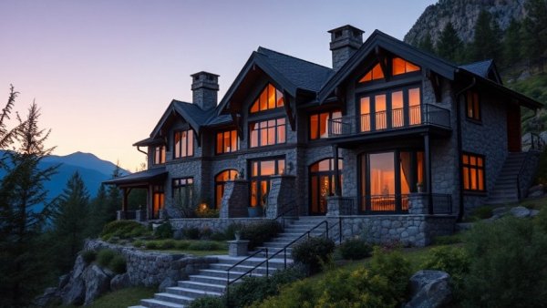 Aspen luxury real estate mountain retreat at twilight.