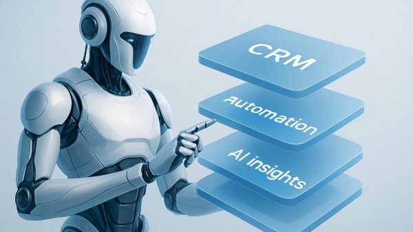 Futuristic martech stack 2026 concept with robot and digital platform.