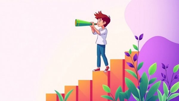 Illustration of person analyzing data with a telescope in a colorful cartoon style background.