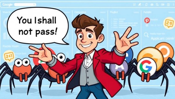 Cartoon man disallows web crawlers, robots.txt concept