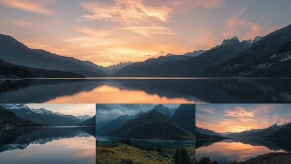 Google Search Image Thumbnails collage over a mountainous lake at sunset.