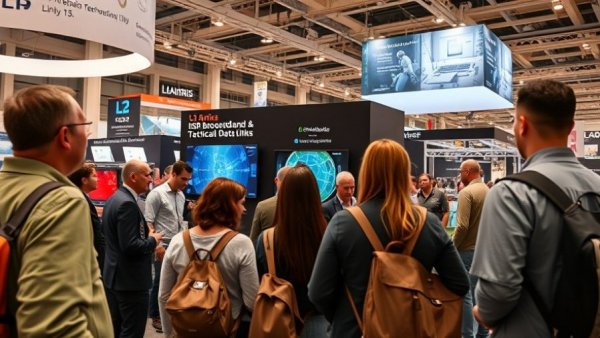 Visitors at tech exhibit discussing L3Harris tactical data solutions
