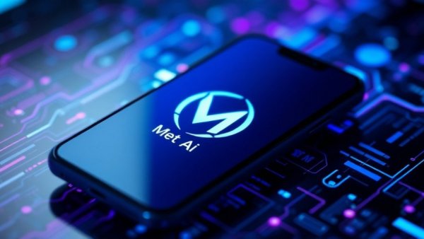 Meta AI logo on smartphone with digital background.