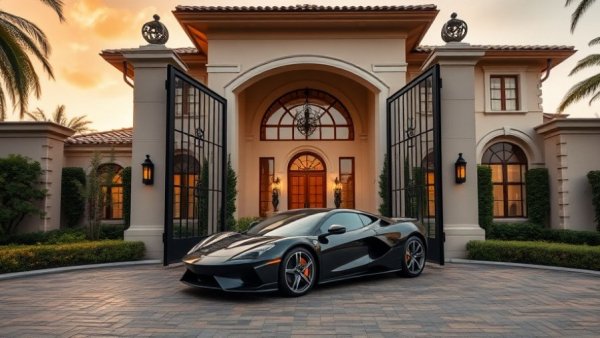 Luxury Mediterranean mansion with sports car, luxurious real estate.