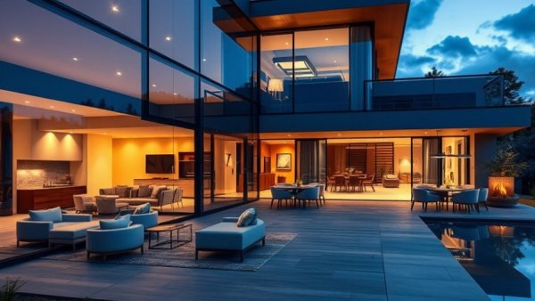 $10M+ luxury real estate market evening view, sleek modern residence.
