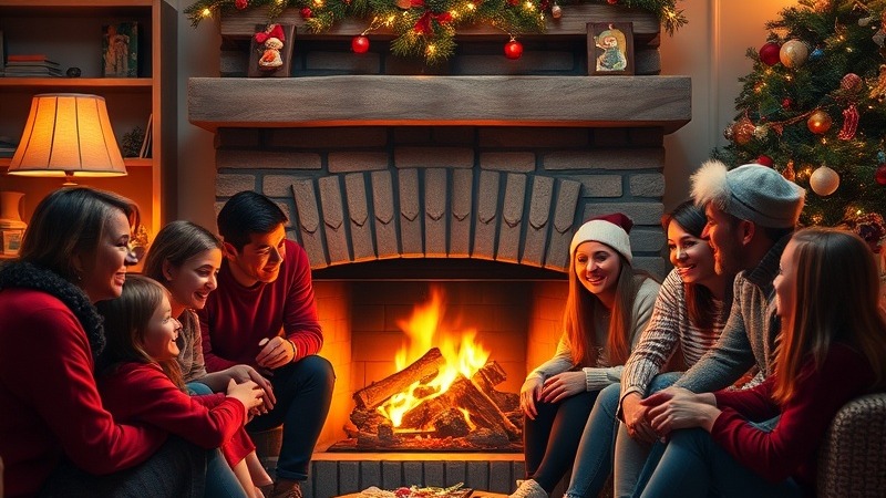 Festive family scene with Christmas decorations, cozy fireplace, and gifts.