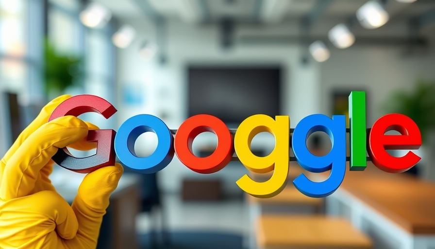 Google logo held by a person in yellow gloves indoors.