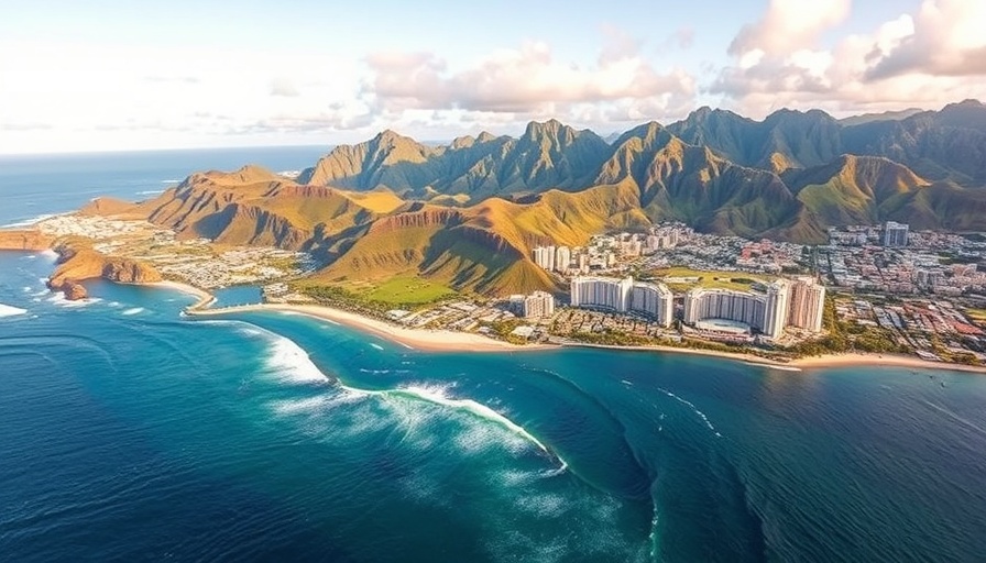 Aerial view of Oahu showcasing coastal and urban luxury real estate.