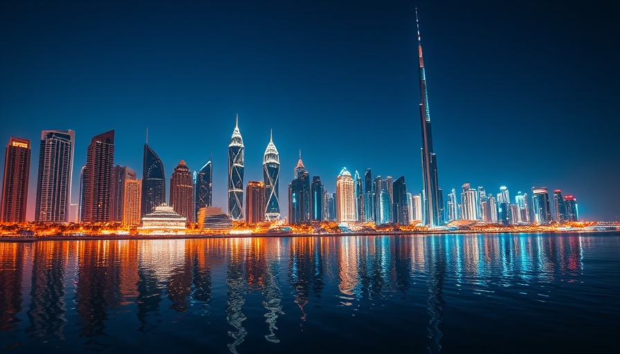 Dubai nighttime skyline reflecting in water, luxury real estate.