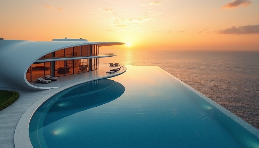 Modern waterfront villa and pool showcasing luxury real estate.