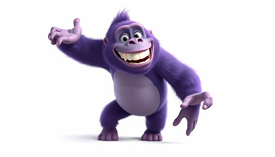 3D purple gorilla cartoon with a smile on a white background.
