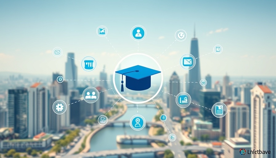 AI marketing for education concept over cityscape with icons.