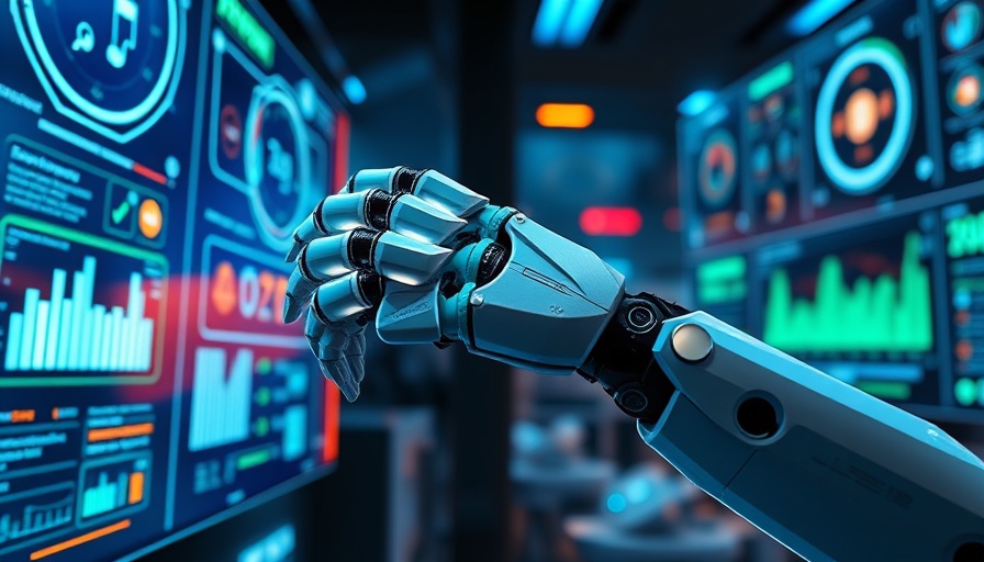 Futuristic AI marketing software interface with robotic arm.