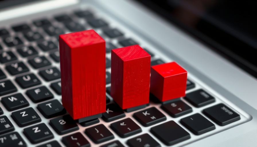Red wooden blocks on a laptop keyboard symbolizing marketing ROI metrics.