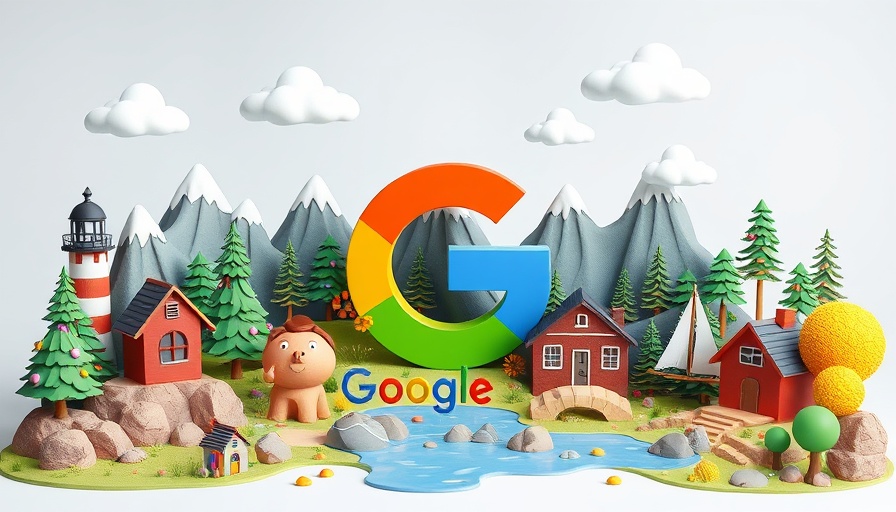 Whimsical landscape with Google logo and travel elements, 3D style.