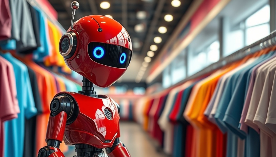 Red robot in a colorful clothing store, exploring shirts. Google AI Mode Visual Responses.