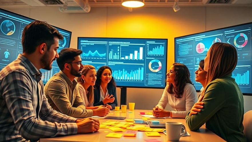 Marketers brainstorming AI content strategies amid vibrant digital analytics.