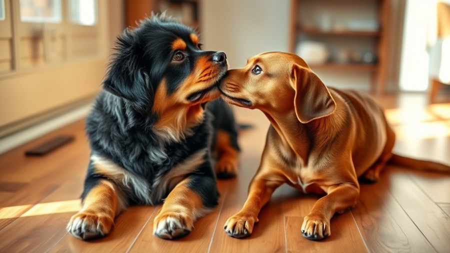 Two dogs gently licking each other's ears on a wooden floor.