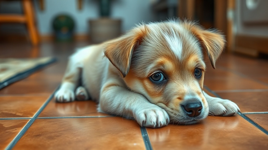 Cute natural bobtail puppy resting on a tile floor