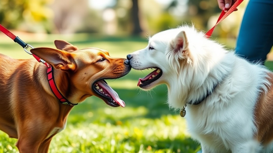 Two dogs in a park, one barking at the other while held by a person, illustrating Why Dogs Bark At Other Dogs.