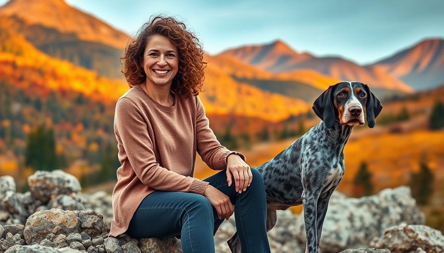 Curly-haired woman hiking with her dog, emphasizing 'dog training never ends'.