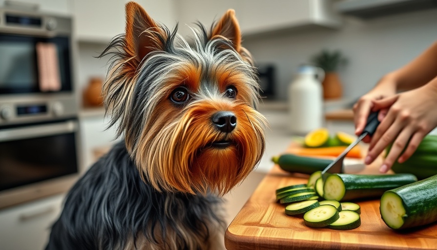 Yorkshire Terrier watches food prep in bright kitchen.