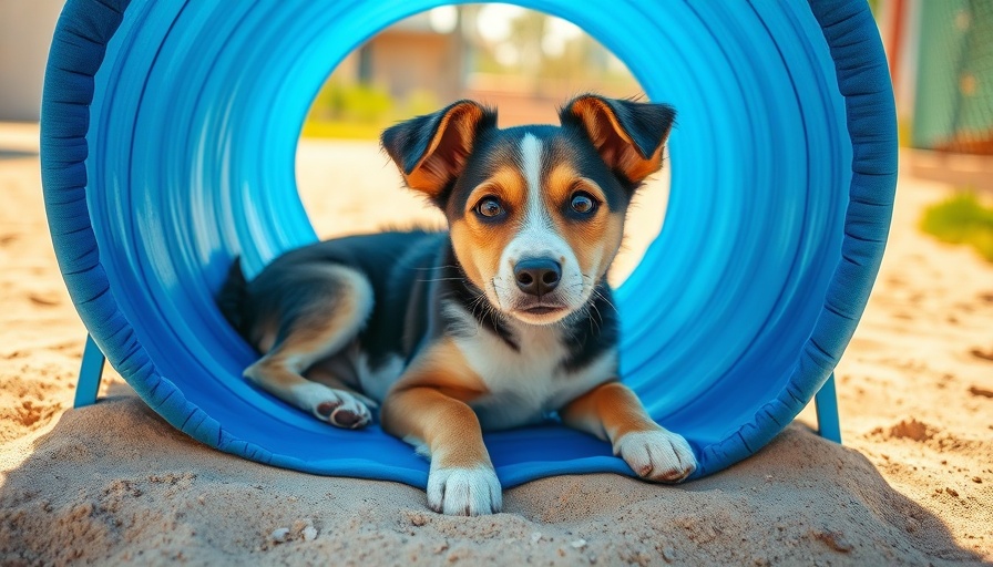 Playful dog resting in blue agility tunnel, vibrant scene.