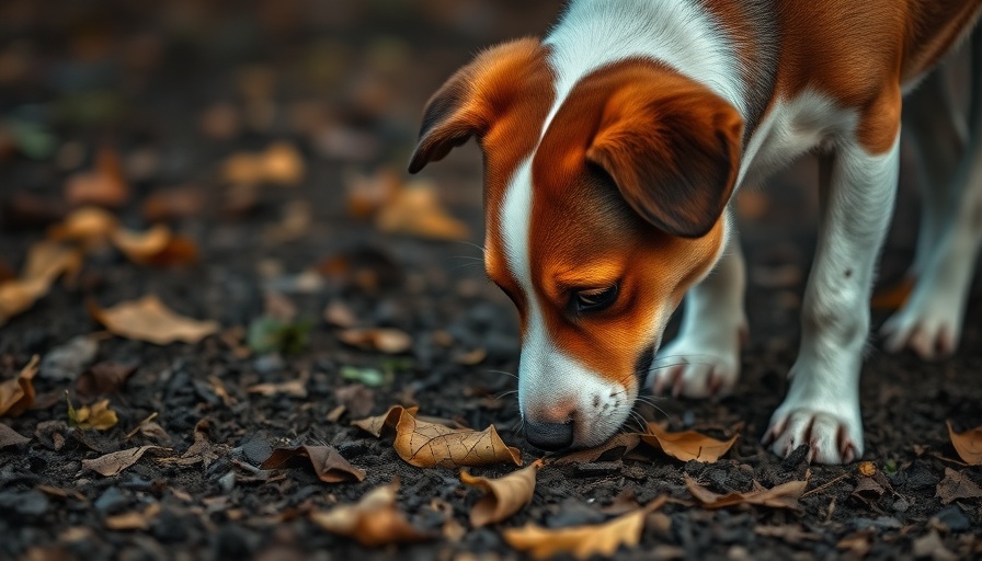 Curious dog exploring forest floor, acorn poisoning in dogs awareness.