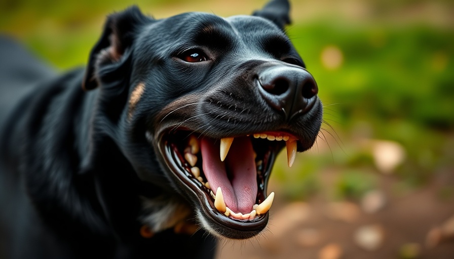 Snarling dog depicting myths about aggressive dogs, outdoors.
