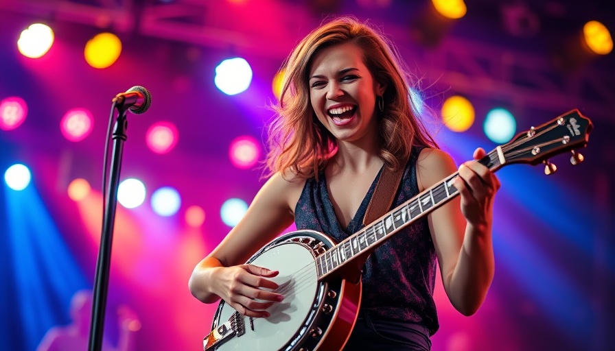 Energetic musician playing banjo live on stage with colorful lights.