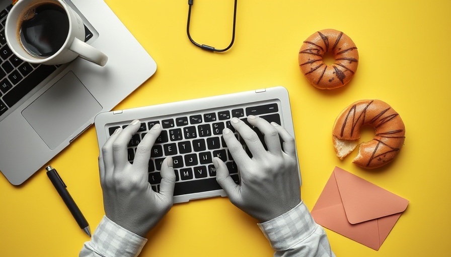 Hands typing on a laptop with coffee and donut nearby, colorful workspace.