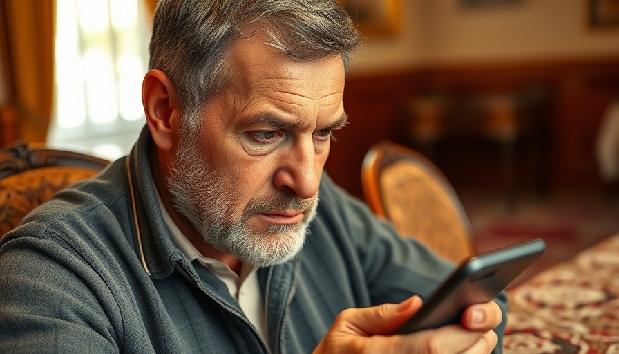 Middle-aged man uses smartphone indoors, highlighting social media restrictions in Afghanistan.