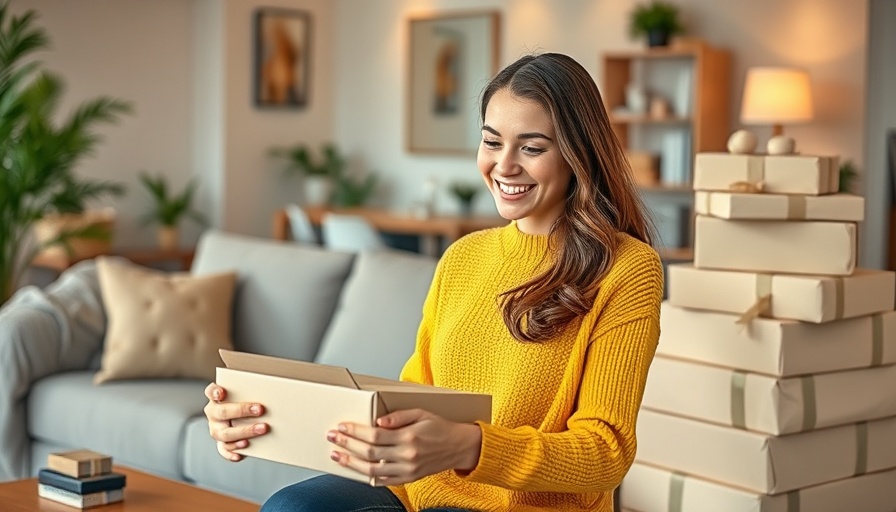 Smiling woman using laptop for online shopping, surrounded by boxes, highlighting Deepgram Voice AI Solutions.