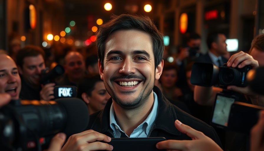 Man engaged in a lively social media event with reporters.