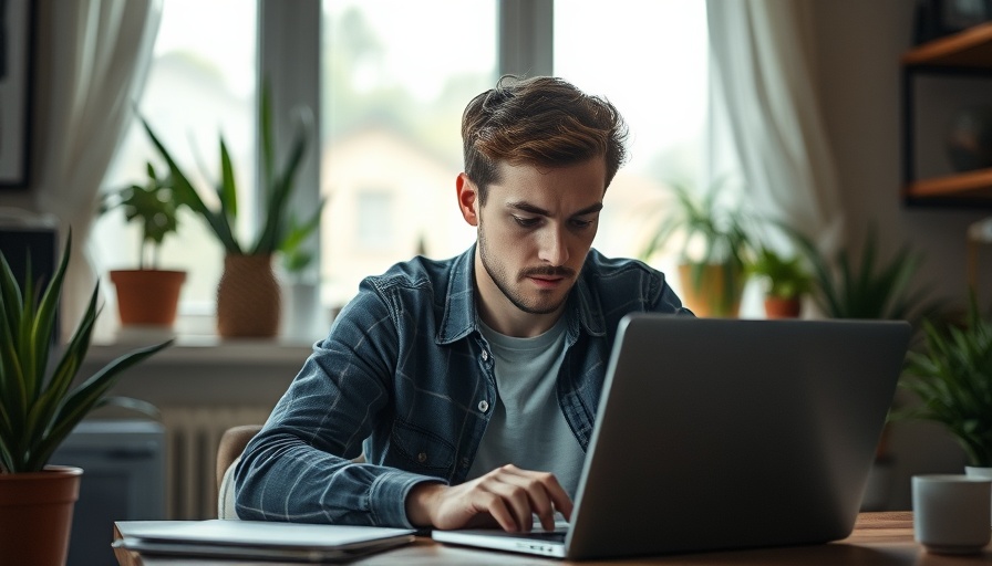 Young man considering freelancing options at home office.