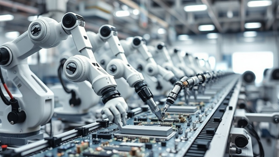 Modern factory automation with robotic arms handling components.